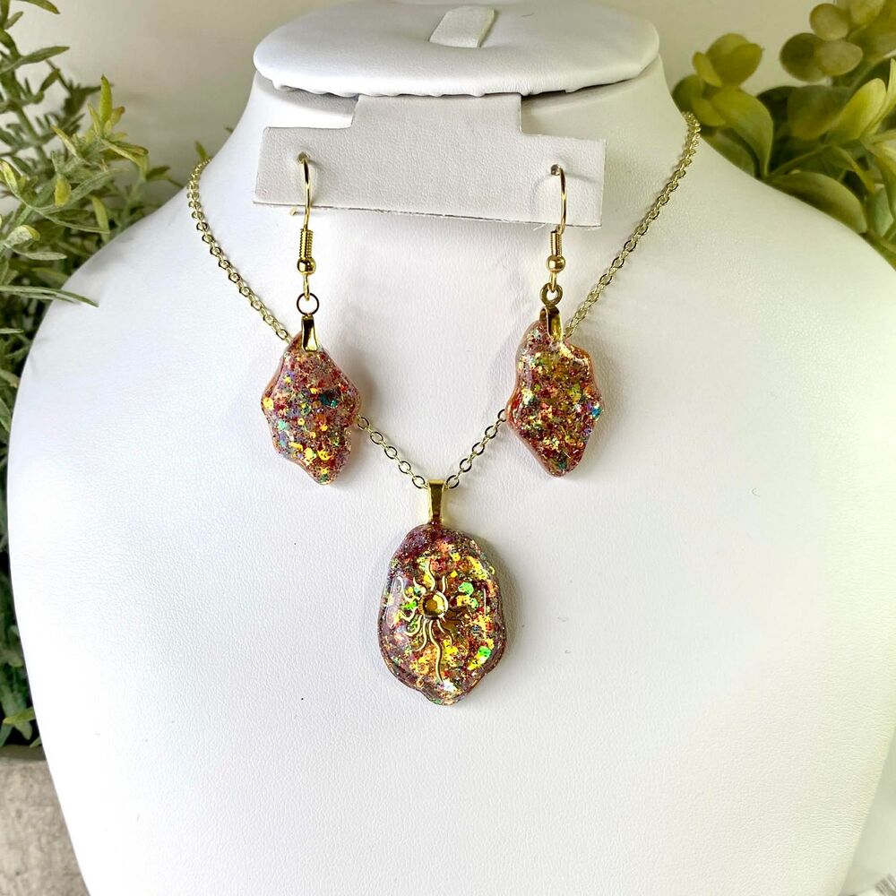 Handmade Gold Glitter Resin Sun Necklace & Earrings Set | Unique Glitter Jewelry - Picture 3 of 5